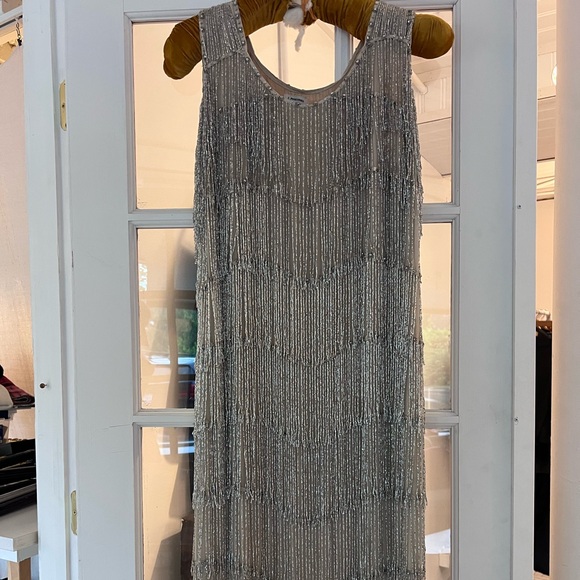 J. Peterman Dresses & Skirts - Vintage J. Peterman Silver Beaded Fringe Midi Dress